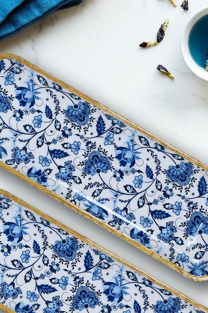 Blue Solid Wood Floral Rectangle Serving Platter by Brick Brown at Pernia's Pop Up Shop