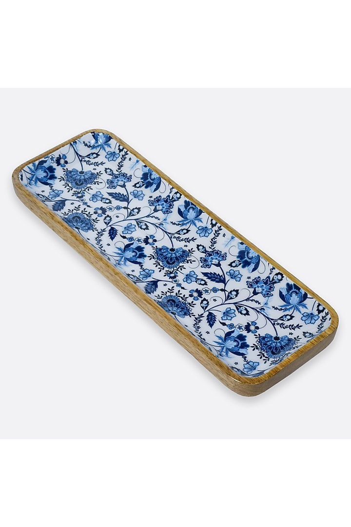 Blue Solid Wood Floral Rectangle Serving Platter by Brick Brown at Pernia's Pop Up Shop