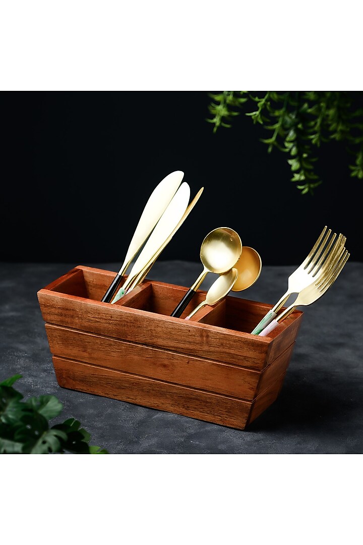 Brown Solid Wood Compartment Cutlery Holder by Brick Brown