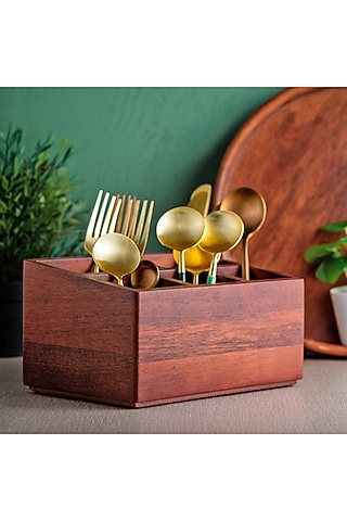 Brown Solid Wood Compartment Cutlery Holder by Brick Brown