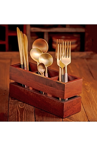 Brown Solid Wood Cranny Cutlery Holder by Brick Brown