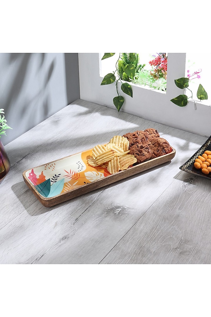 Multi-Colored Solid Wood Tropical Rectangle Serving Platter by Brick Brown