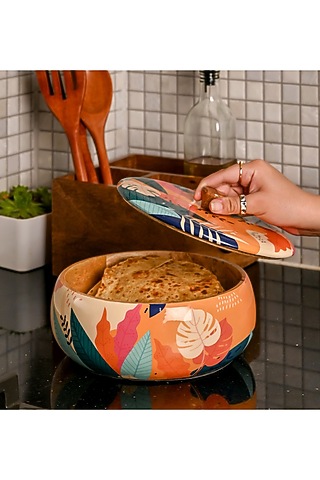 Multi-Colored Solid Wood Floral Roti Box by Brick Brown