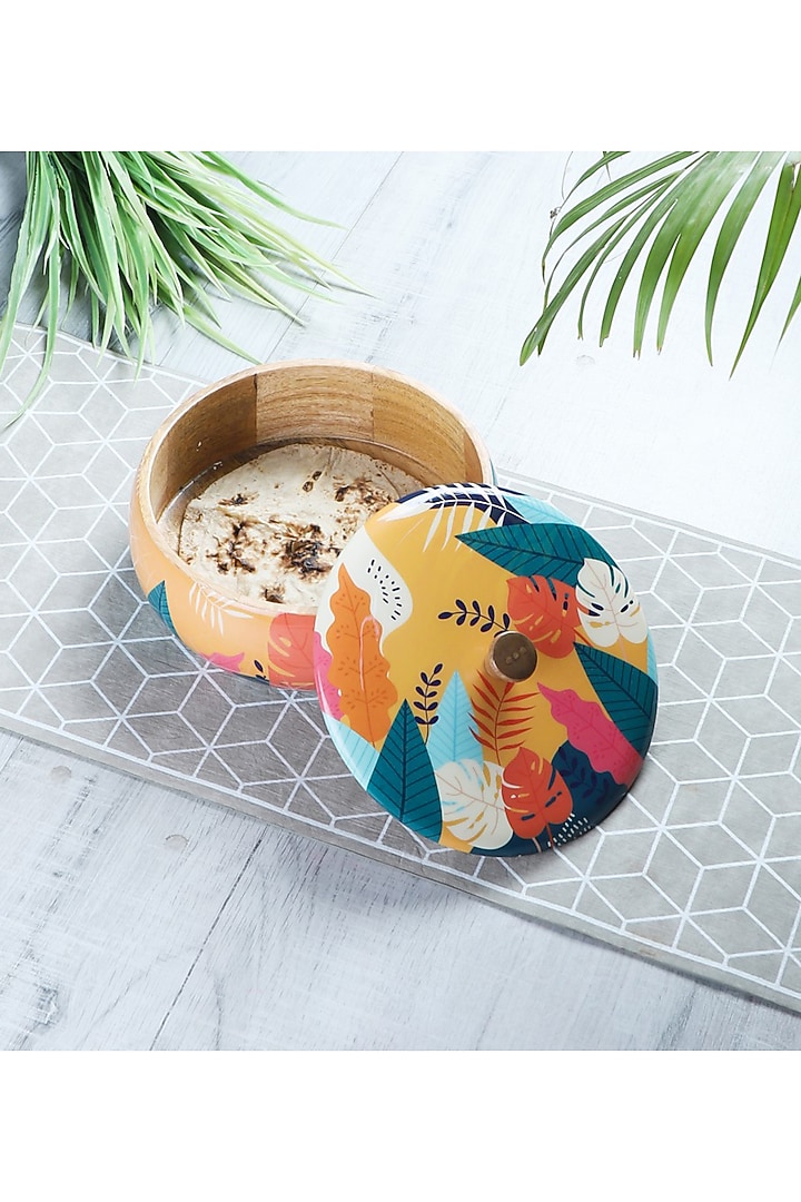 Multi-Colored Solid Wood Floral Roti Box by Brick Brown at Pernia's Pop Up Shop
