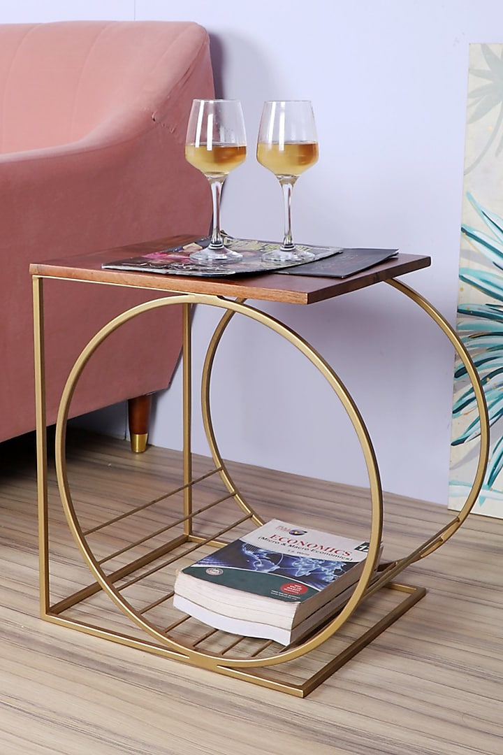 Brown & Gold Solid Metal Running Wheel Accent Table by Brick Brown