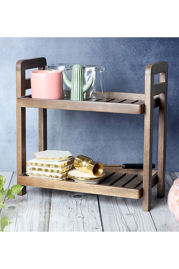 Brown Solid Wood Cocoa Two-Tiered Organizer by Brick Brown at Pernia's Pop Up Shop