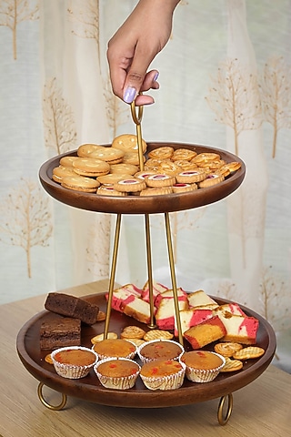 Brown Mango Wood Premium Handcrafted Twin-Tiered Cake Stand by Brick Brown
