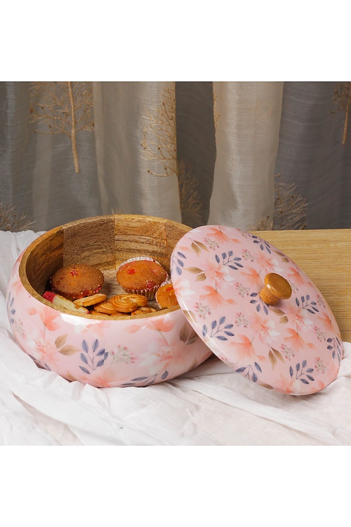 Multi-Colored Solid Mango Wood Floral Printed Handcrafted Roti Box by Brick Brown at Pernia's Pop Up Shop