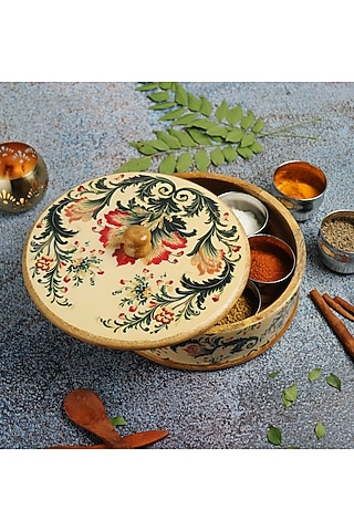 Multi-Colored Premium Handcrafted Wooden Ikat Blossom Masala Box by Brick Brown