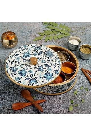 Multi-Colored Mango Wood Premium Handcrafted Floral Printed Masala Box by Brick Brown