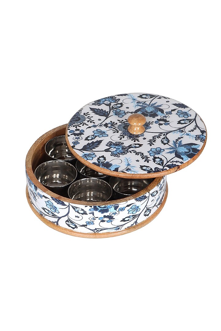 Multi-Colored Mango Wood Premium Handcrafted Floral Printed Masala Box by Brick Brown at Pernia's Pop Up Shop