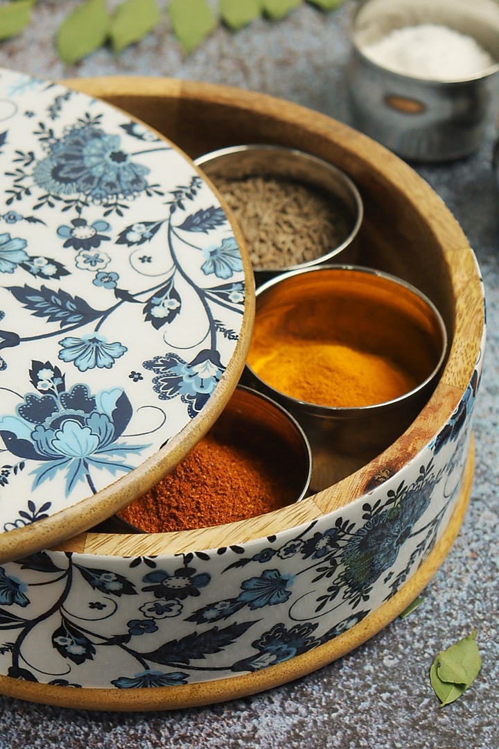 Multi-Colored Mango Wood Premium Handcrafted Floral Printed Masala Box by Brick Brown at Pernia's Pop Up Shop