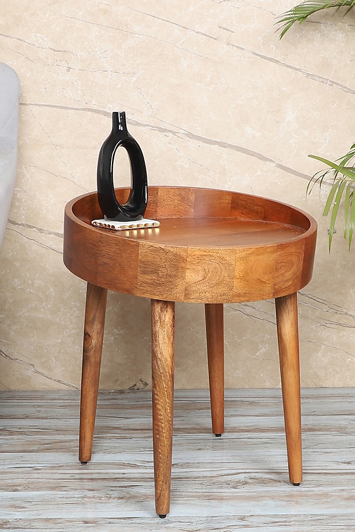 Brown Premium Handcrafted Wooden Orbital Accent Side Table by Brick Brown