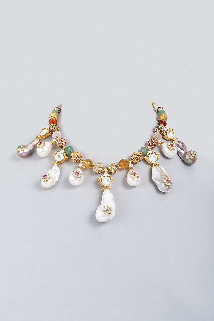 Gold Finish Baroque Pearl & Kundan Polki Choker Necklace by BRIDALAYA at Pernia's Pop Up Shop