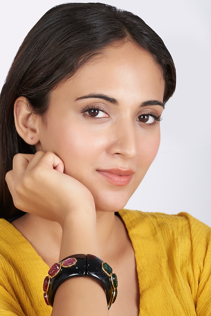 Gold Finish Ruby & Emerald Stone Bangle by BRIDALAYA at Pernia's Pop Up Shop