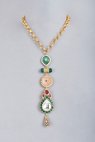 Two-Tone Finish Multi-Colored Stone Electroplated Long Necklace by BRIDALAYA
