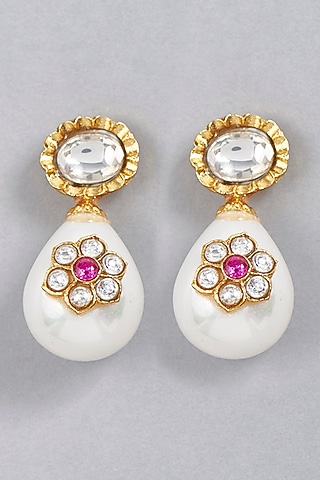 Gold Finish Shell Pearl Drop & Kundan Polki Dangler Earrings by BRIDALAYA