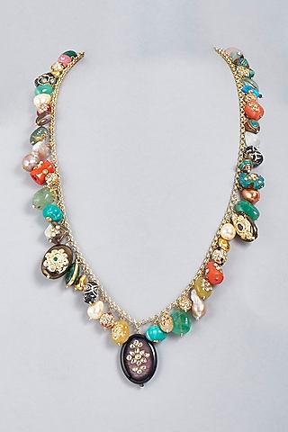 Gold Finish Multi-Colored Stone & Bead Electroplated Long Necklace by BRIDALAYA