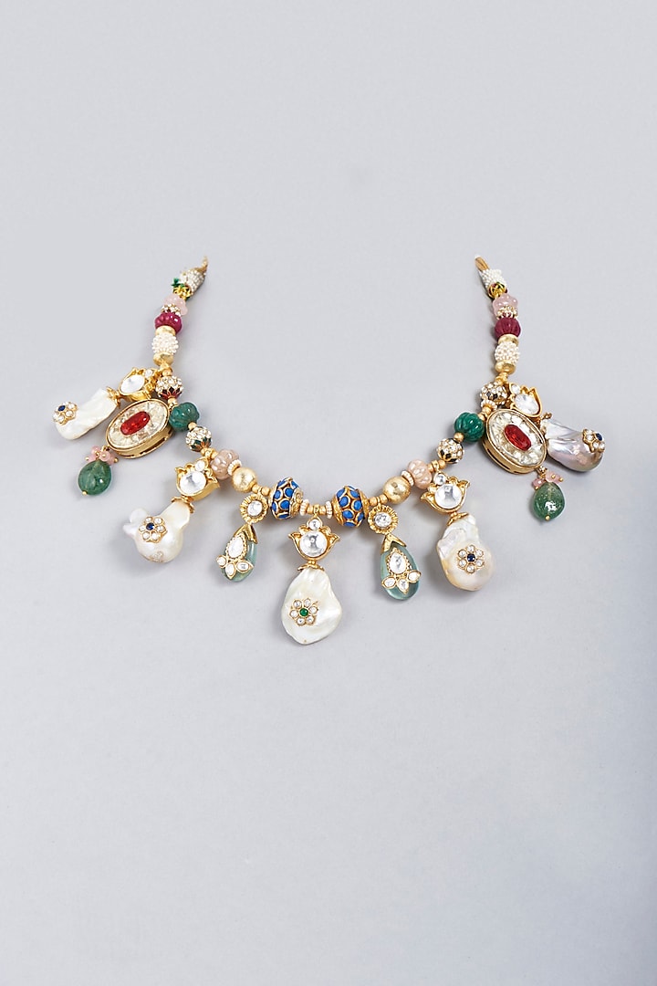 Gold Finish Multi-Colored Kundan Polki Choker Necklace by BRIDALAYA