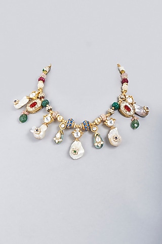 Gold Finish Multi-Colored Kundan Polki Choker Necklace by BRIDALAYA