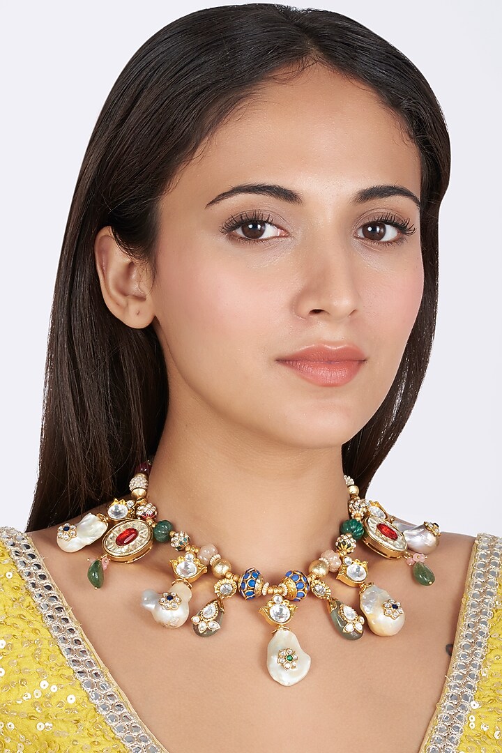 Gold Finish Multi-Colored Kundan Polki Choker Necklace by BRIDALAYA at Pernia's Pop Up Shop