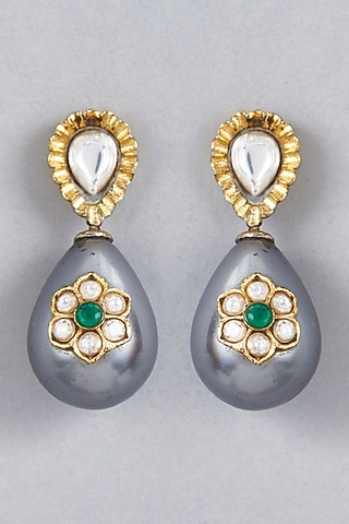 Gold Finish Shell Pearl Drop & Kundan Polki Dangler Earrings by BRIDALAYA