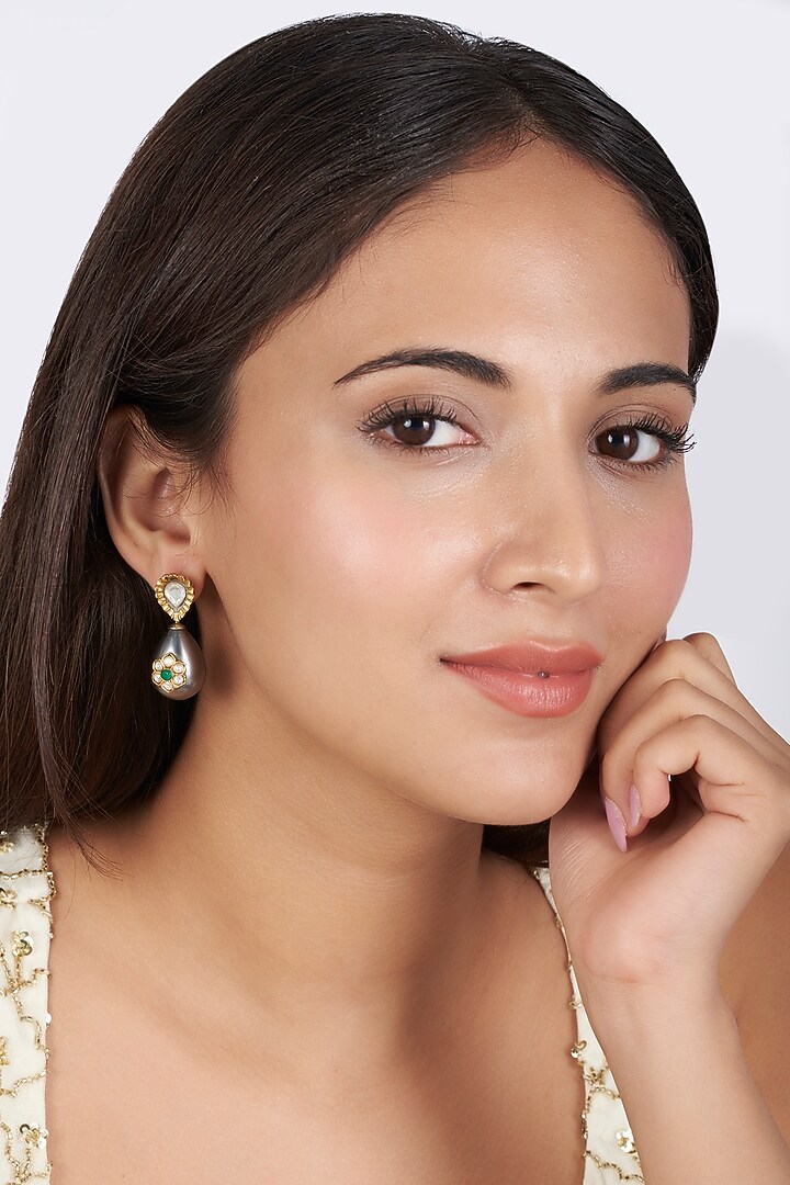 Gold Finish Shell Pearl Drop & Kundan Polki Dangler Earrings by BRIDALAYA at Pernia's Pop Up Shop