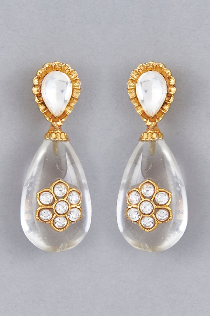 Gold Finish Flourite & Kundan Polki Dangler Earrings
 by BRIDALAYA