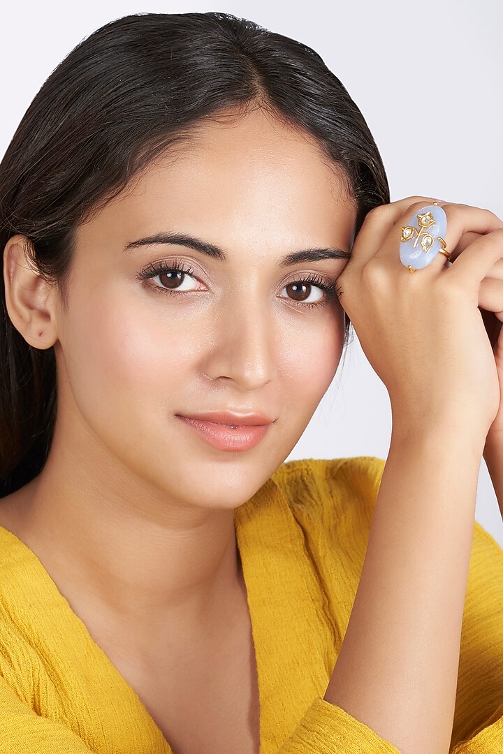 Gold Finish Agate Stone & Kundan Polki Ring by BRIDALAYA at Pernia's Pop Up Shop