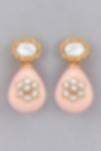 Gold Finish Shell Pearl Drop & Kundan Polki Dangler Earrings by BRIDALAYA