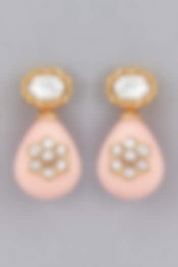 Gold Finish Shell Pearl Drop & Kundan Polki Dangler Earrings by BRIDALAYA