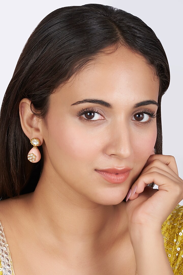 Gold Finish Shell Pearl Drop & Kundan Polki Dangler Earrings by BRIDALAYA at Pernia's Pop Up Shop