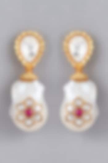 Gold Finish Shell Pearl Drop Dangler Earrings by BRIDALAYA