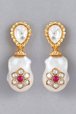 Gold Finish Shell Pearl Drop Dangler Earrings by BRIDALAYA