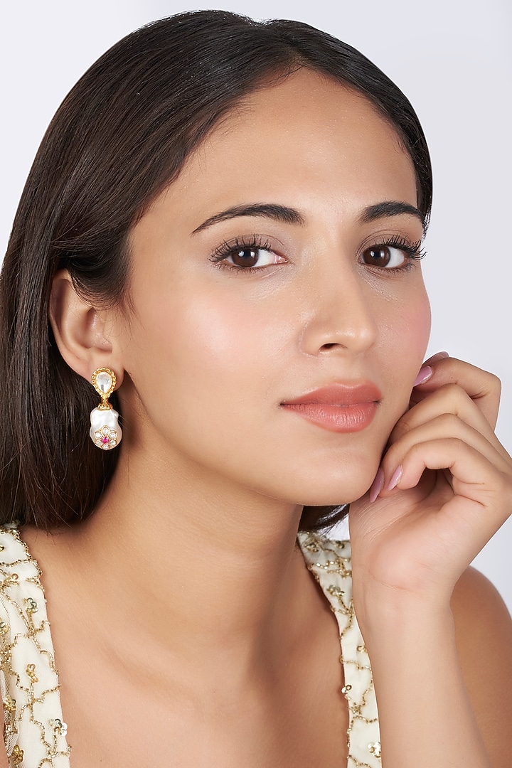 Gold Finish Shell Pearl Drop Dangler Earrings by BRIDALAYA at Pernia's Pop Up Shop