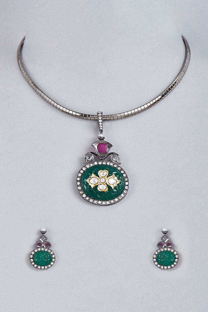 Gold Finish Green Onyx Necklace Set by BRIDALAYA