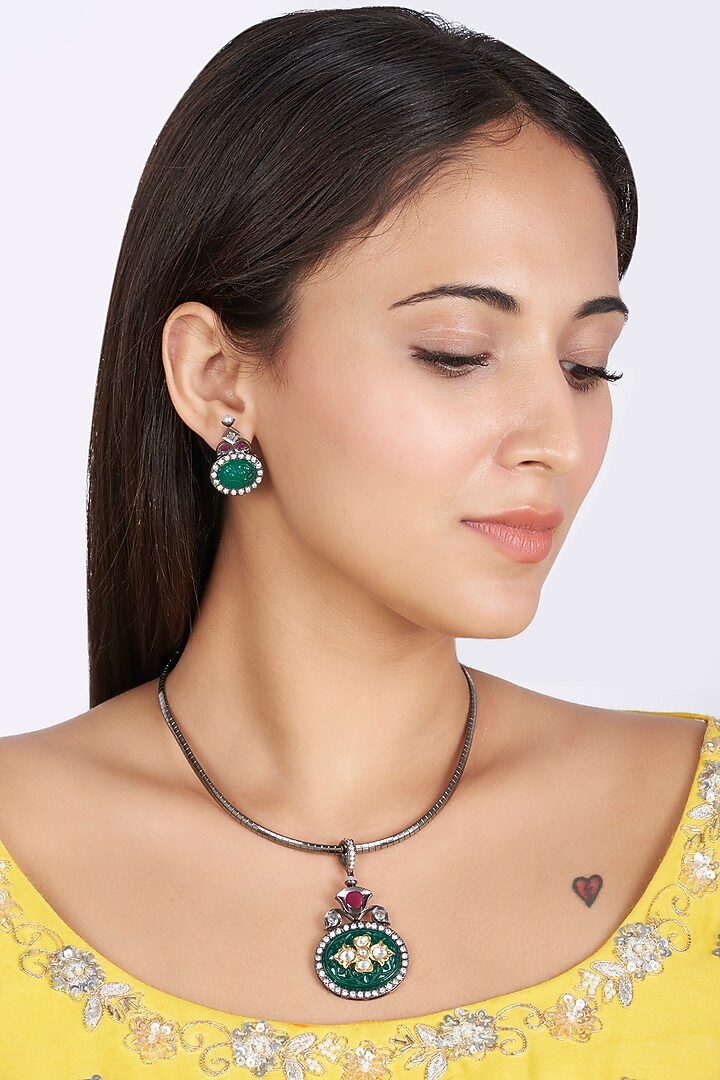 Gold Finish Green Onyx Necklace Set by BRIDALAYA at Pernia's Pop Up Shop
