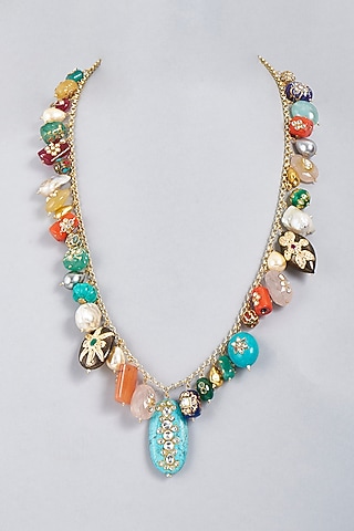 Gold Finish Multi-Colored Stone & Bead Electroplated Long Necklace by BRIDALAYA
