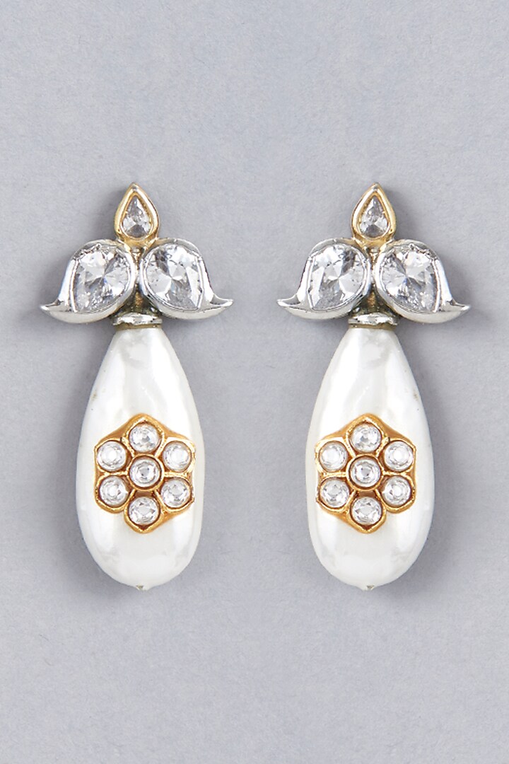 White Finish Shell Pearl Drop Dangler Earrings by BRIDALAYA