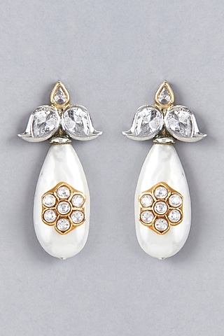 White Finish Shell Pearl Drop Dangler Earrings by BRIDALAYA