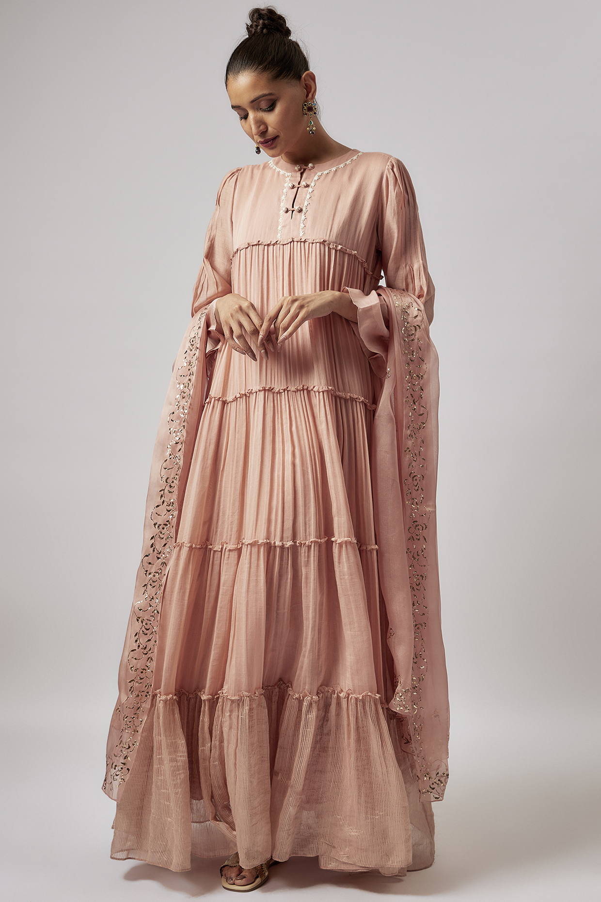Vintage Pink Kora Chanderi Engagement Gown With Dupatta by BRIJ at Pernia's Pop Up Shop