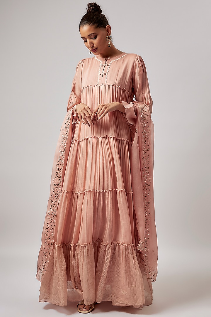 Vintage Pink Kora Chanderi Gown With Dupatta by BRIJ