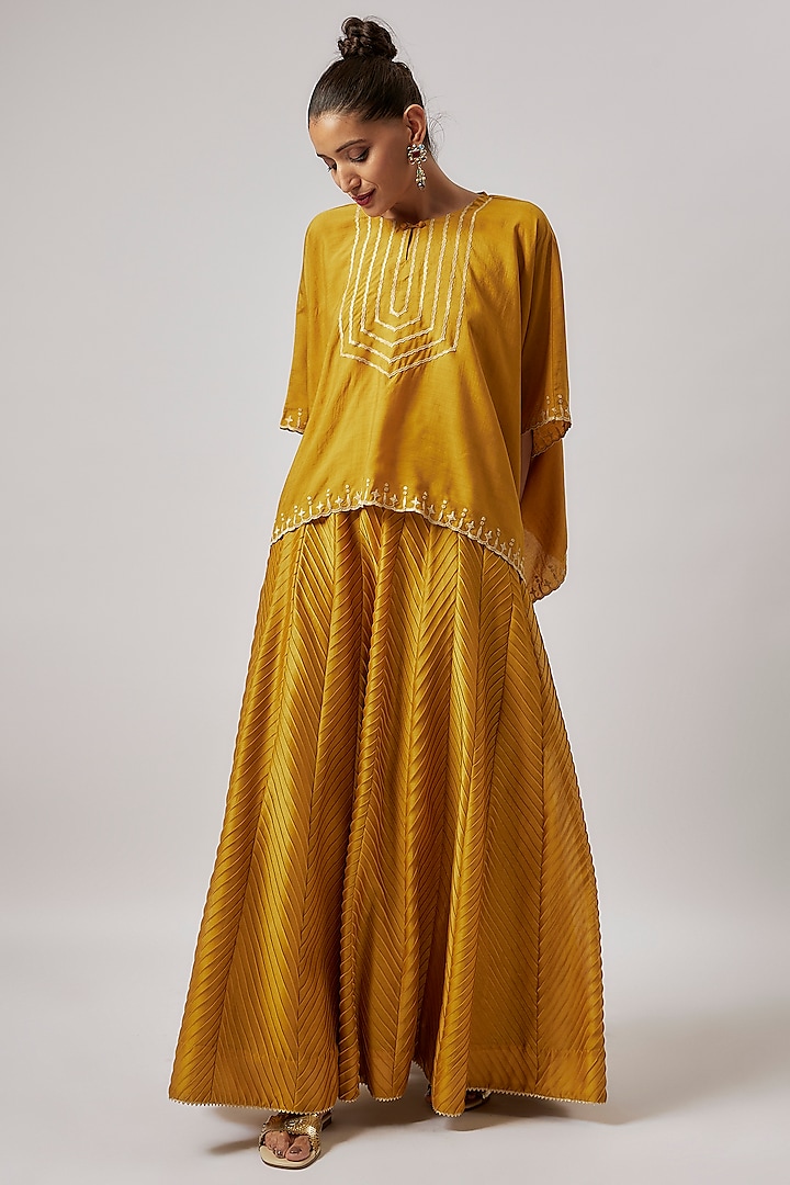 Mustard Yellow Chanderi Silk Embroidered  dulhan bday 22 may Lehenga Set by BRIJ at Pernia's Pop Up Shop