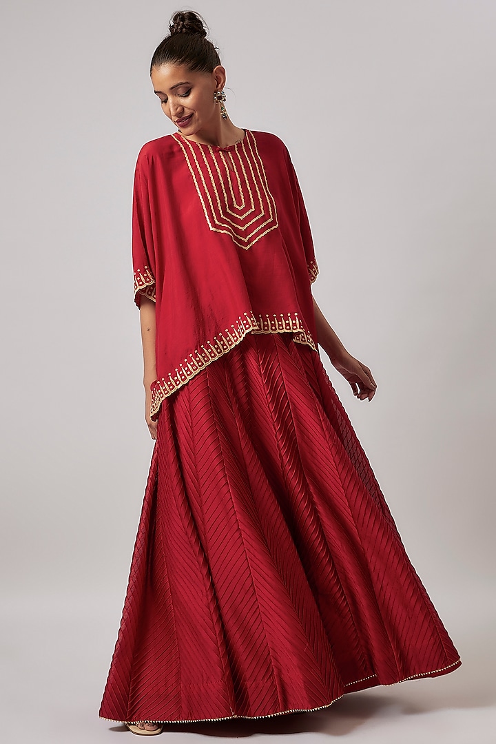 Red Chanderi Silk Embroidered Lehenga Set by BRIJ