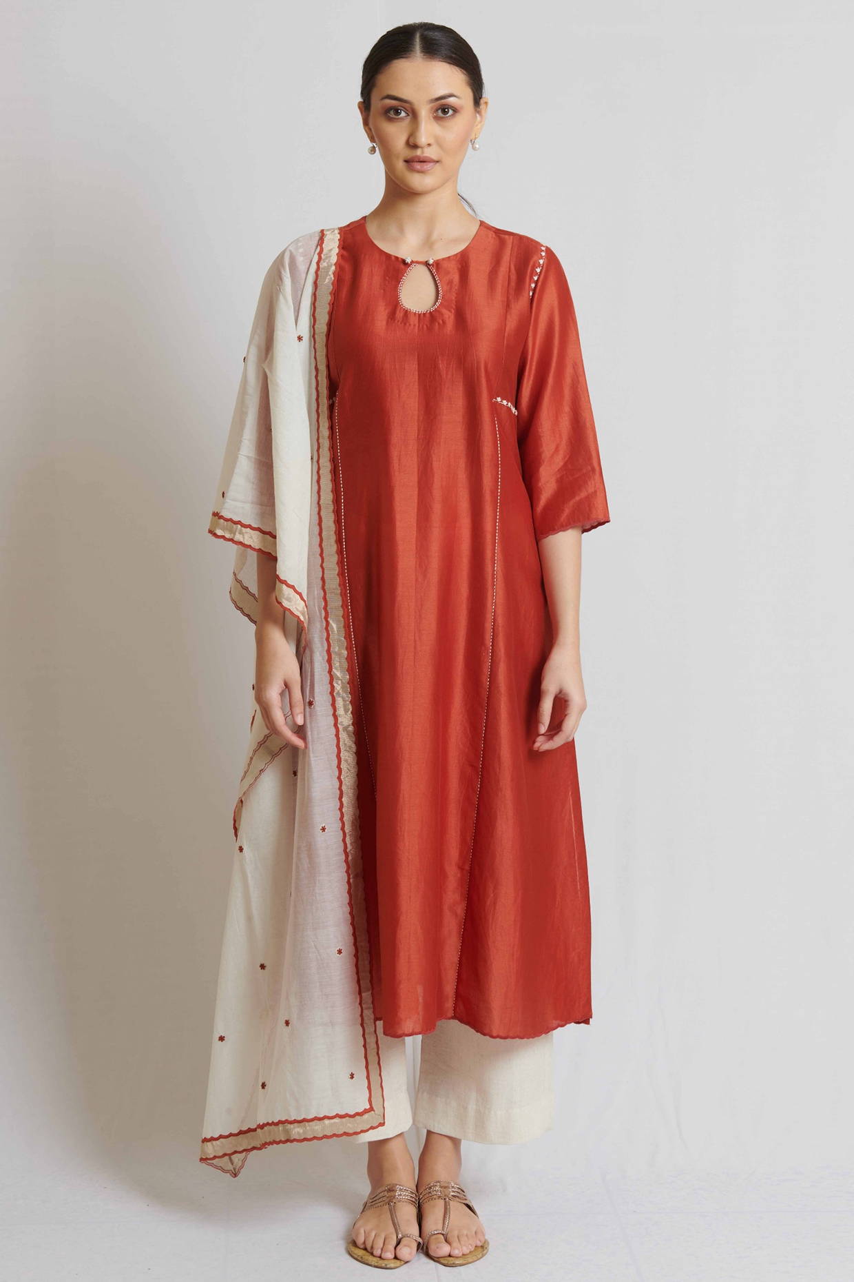 Rust Chanderi Embroidered Long Kurta Set by BRIJ at Pernia's Pop Up Shop