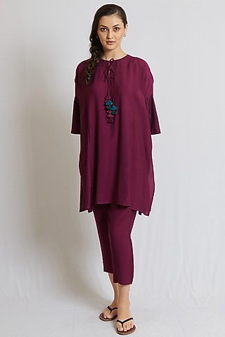 Wine Spun Silk Embroidered Tunic Set by BRIJ