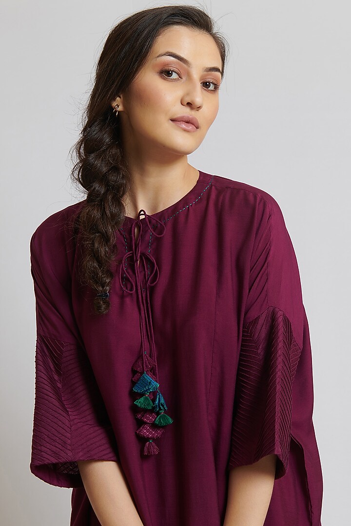 Wine Spun Silk Embroidered Tunic Set by BRIJ at Pernia's Pop Up Shop