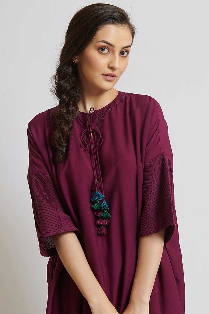 Wine Spun Silk Embroidered Tunic Set by BRIJ at Pernia's Pop Up Shop