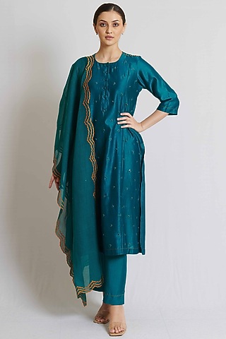 Peacock Green Chanderi Embroidered Long Kurta Set by BRIJ