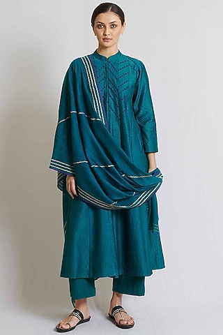 Peacock Green Chanderi Embroidered Long Kurta Set by BRIJ